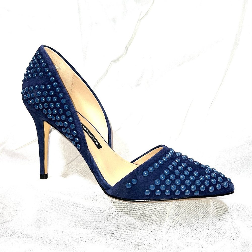 FRENCH CONNECTION •Ellis• Studded Blue-Suede D'orsay Pump
